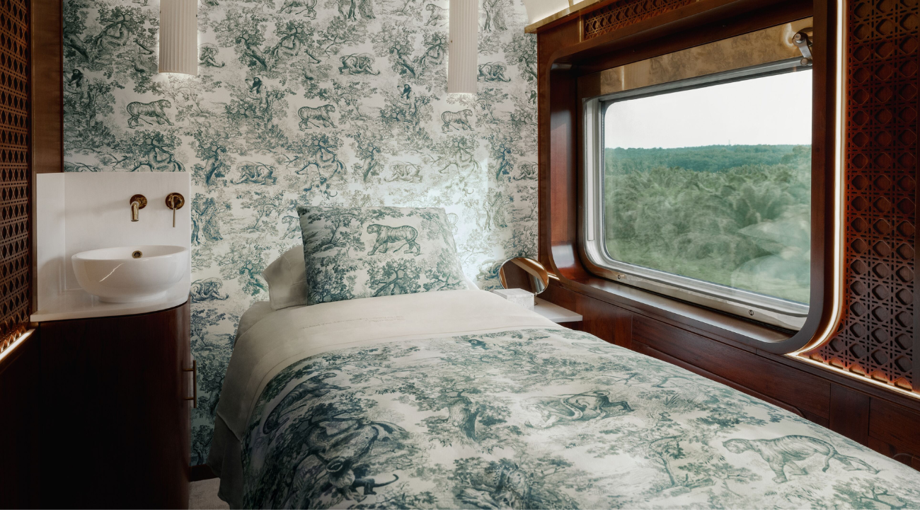 Interior of the Dior Spa carriage on the Eastern & Oriental Express featuring Toile de Jouy print decor.