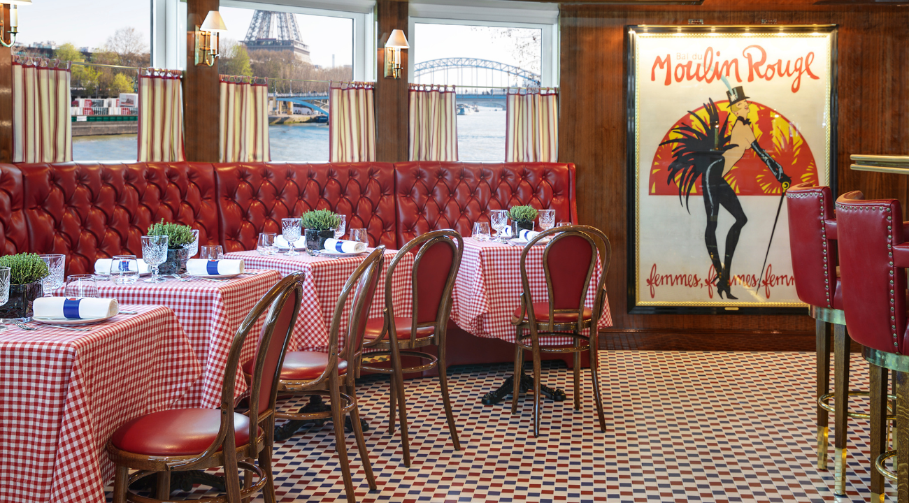 Dining at Le Bistro on the S.S. Joie de Vivre with a view of the Eiffel Tower on the Paris and Normandy river cruise