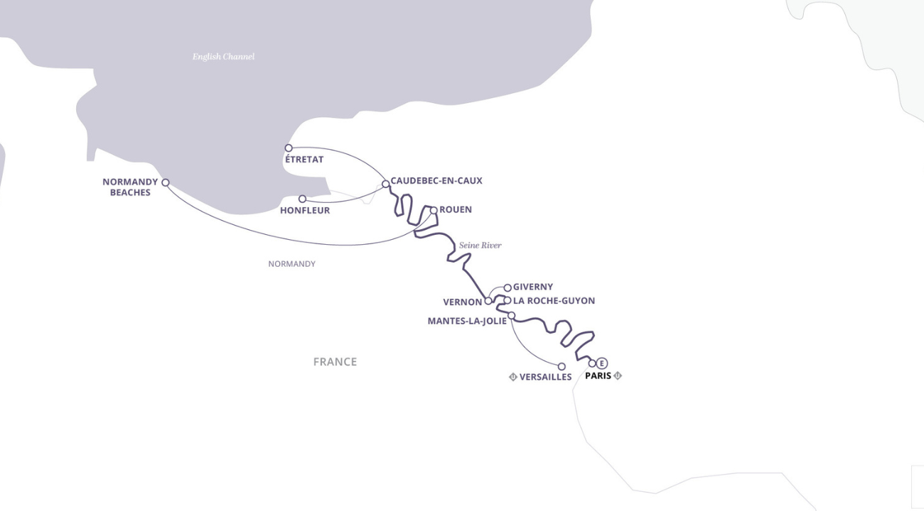 Map showing the 8-day Paris and Normandy River Cruise itinerary along the Seine.