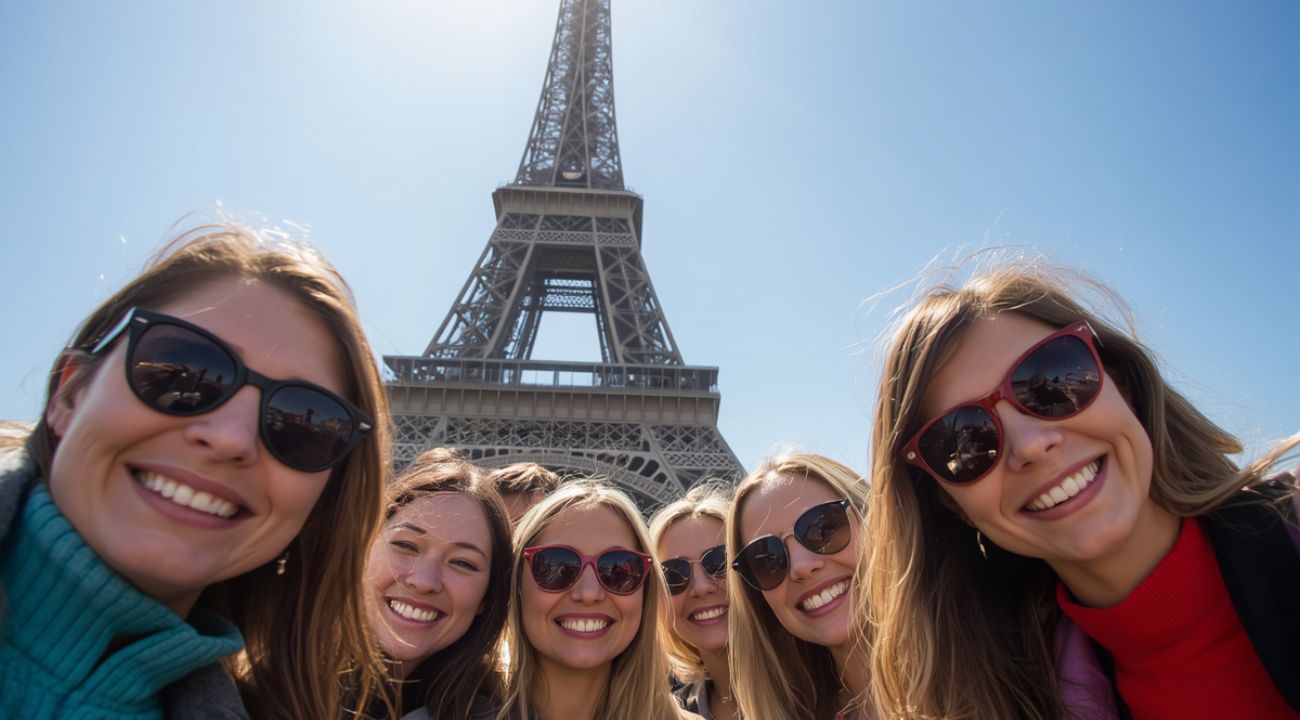 Group of travellers with tour guide in front of the Eiffel Tower, experiencing a guided Paris tour.