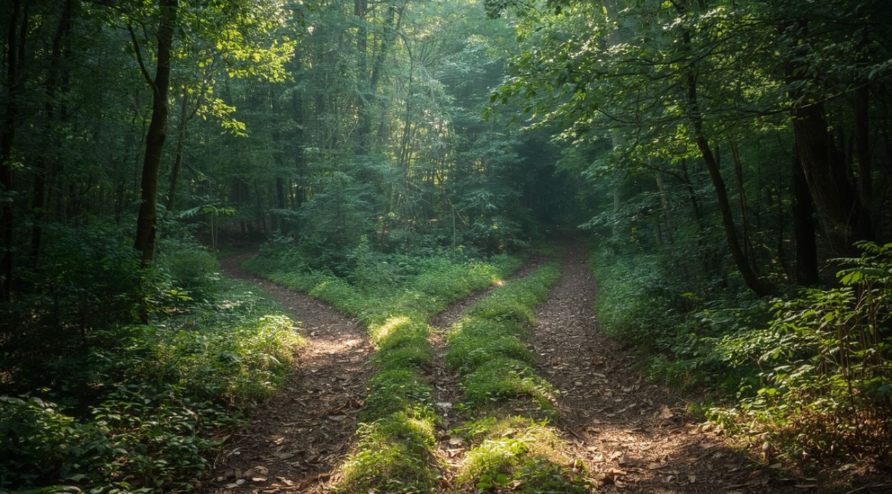 Forked path in a park symbolising the choice between guided tours and independent travel