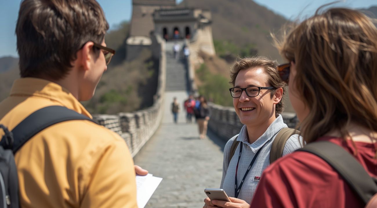 Tour guide explaining the Great Wall of China to a small group of travellers