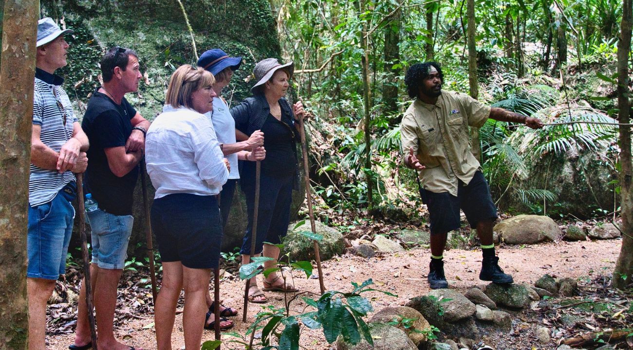 Tour guide leading a group of travellers through a dense jungle on an escorted tour vs independent travel