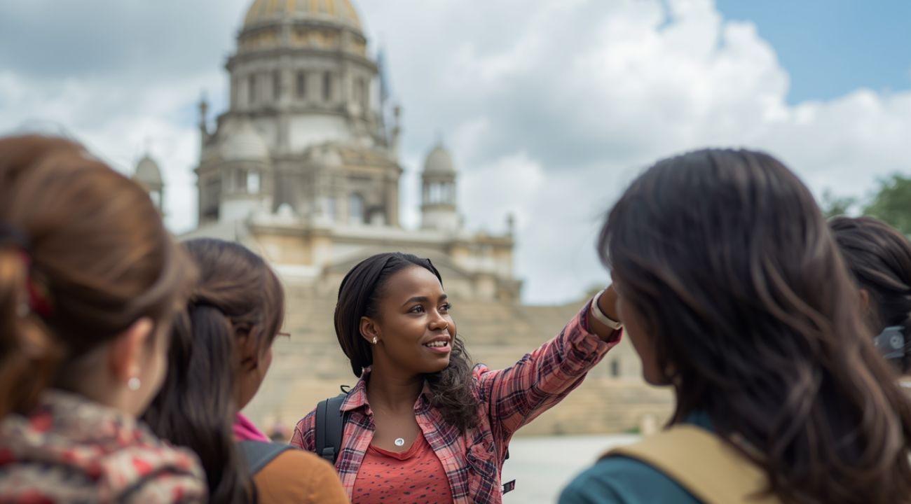 Friendly tour guide smiling at a group of travellers, perfect for those who prefer escorted tours