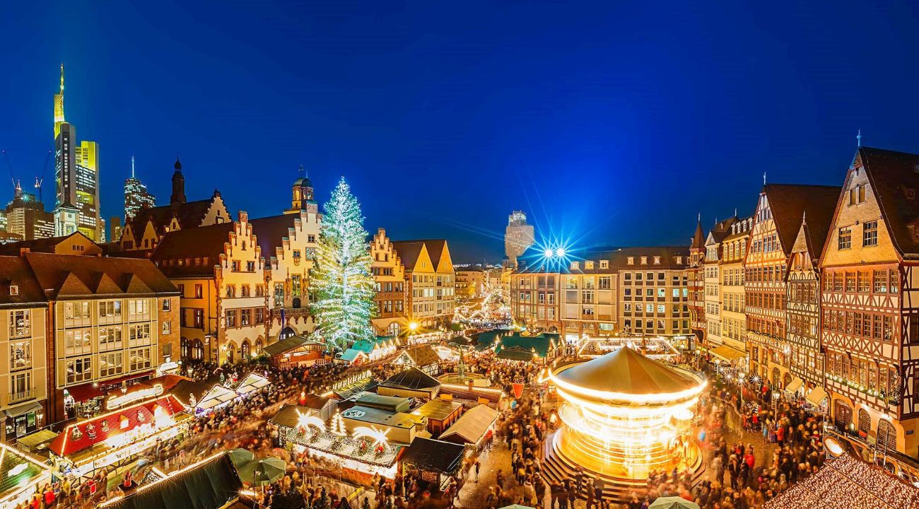 Best time to visit Europe in Winter. Christmas market in Germany with festive lights and stalls