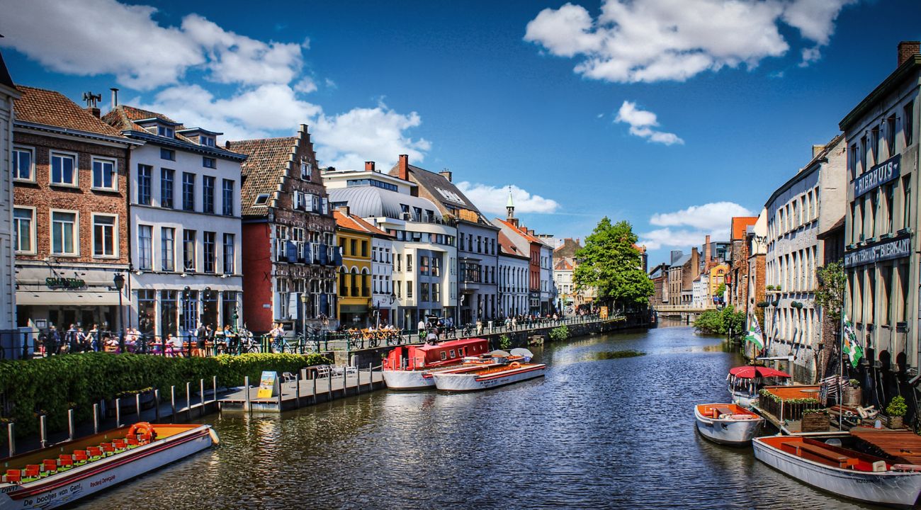 Ghent canal and historic buildings in Belgium