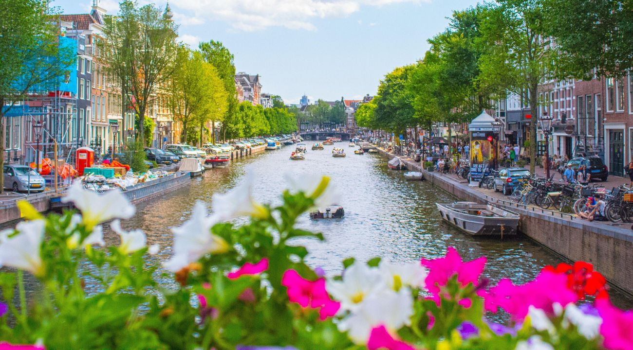 Amsterdam canal with historic buildings and bridges during spring in the Netherlands.