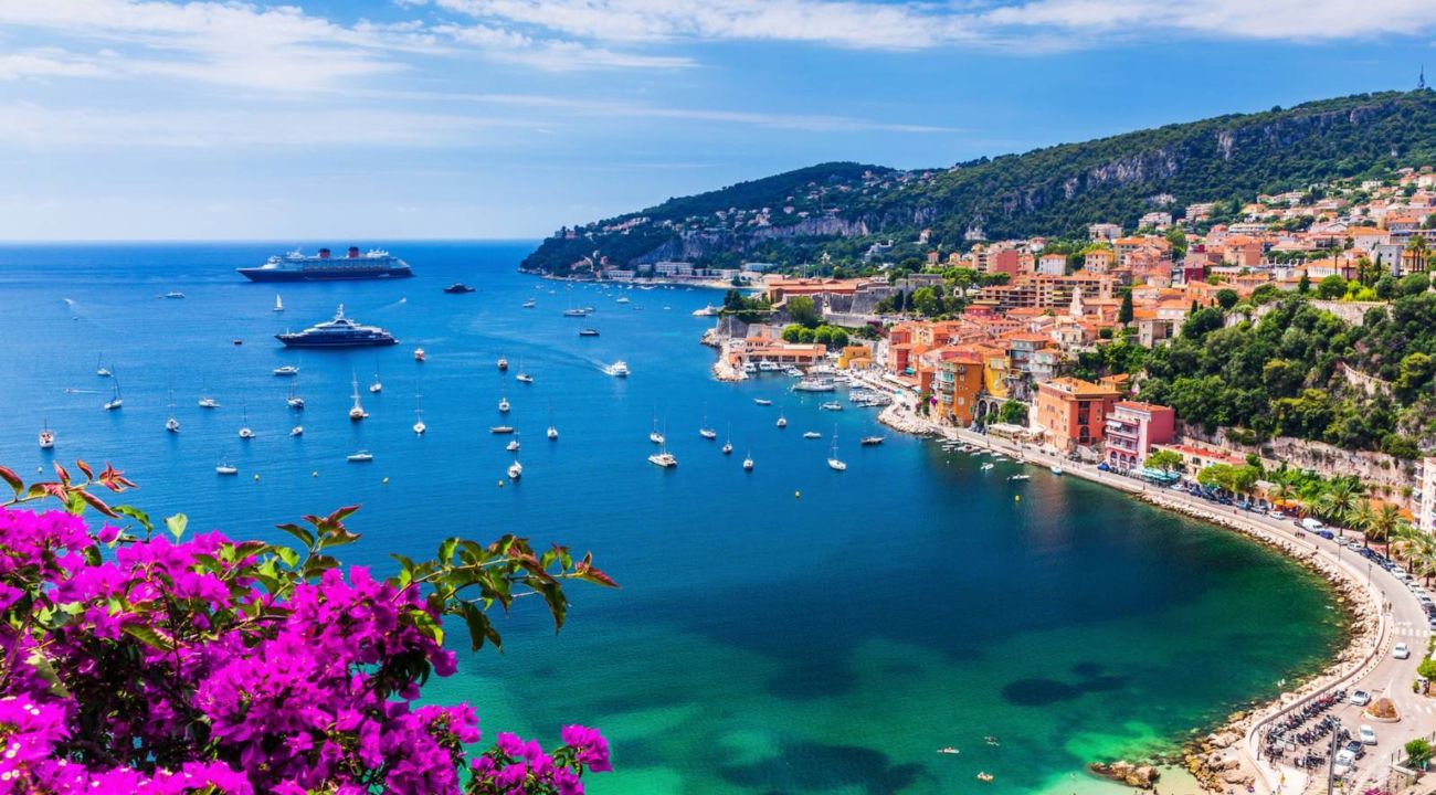 Promenade des Anglais in Nice, France along the Mediterranean coast in spring.