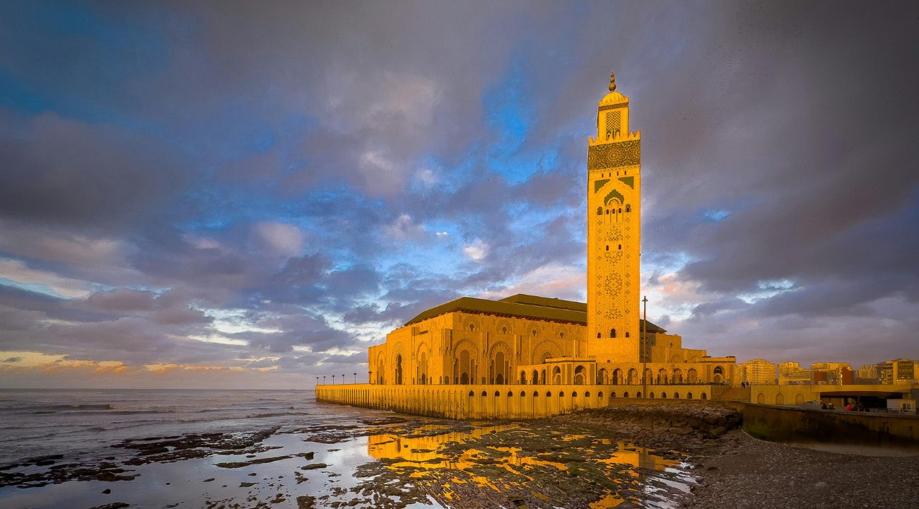 Casablanca skyline with the Hassan II Mosque overlooking the Atlantic Ocean