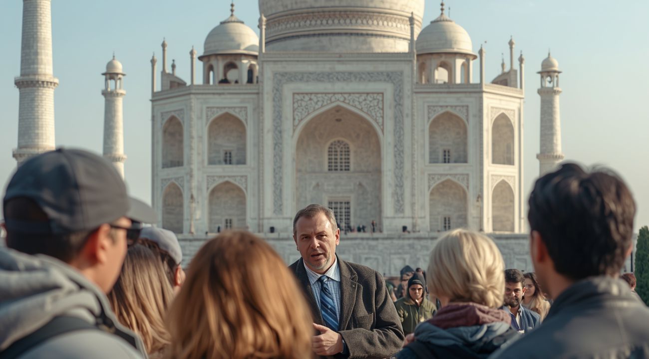 Tour guide at the Taj Mahal in Agra, India explaining the monument