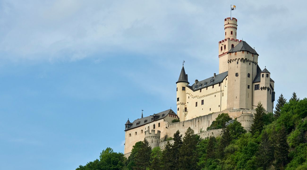 Marksburg Castle overlooking the Rhine river in Germany