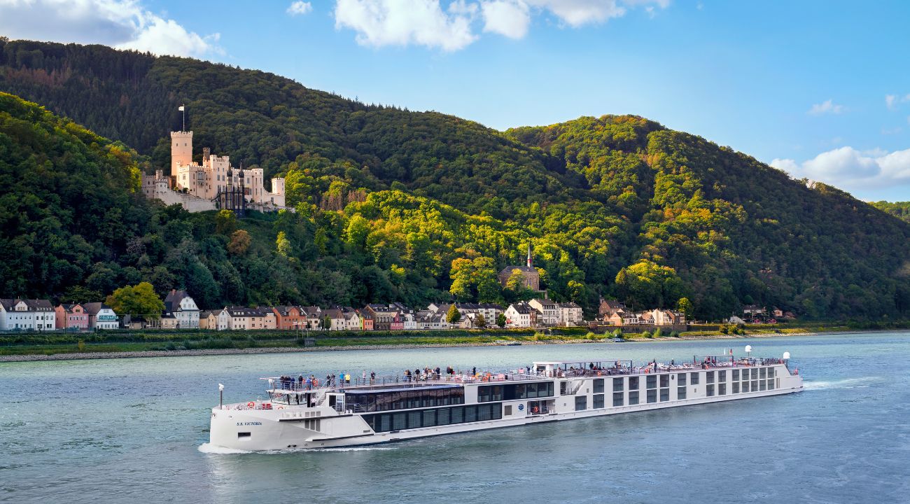 River cruise ship sailing along the Rhine river