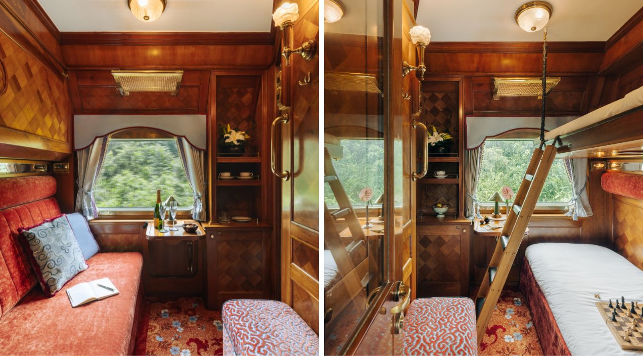 Standard luxury train cabins on the Eastern & Oriental Express with seating and sleeping layout