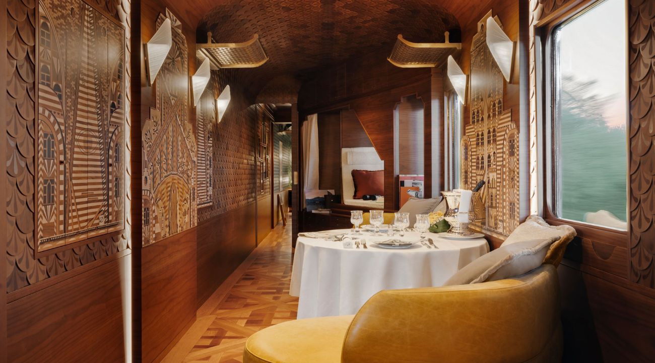L’Observatoire private luxury train cabins carriage on the Orient Express featuring lounge and bedroom