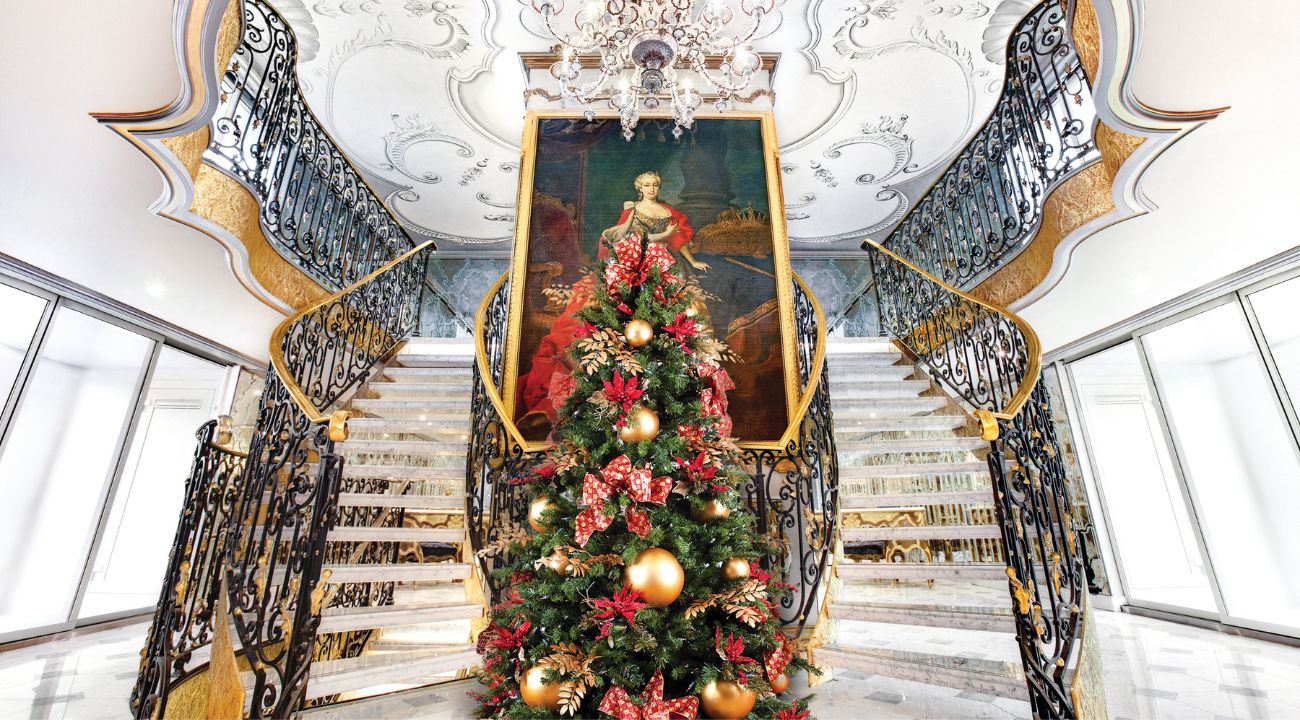 Elegant river cruise ship lobby decorated for Christmas