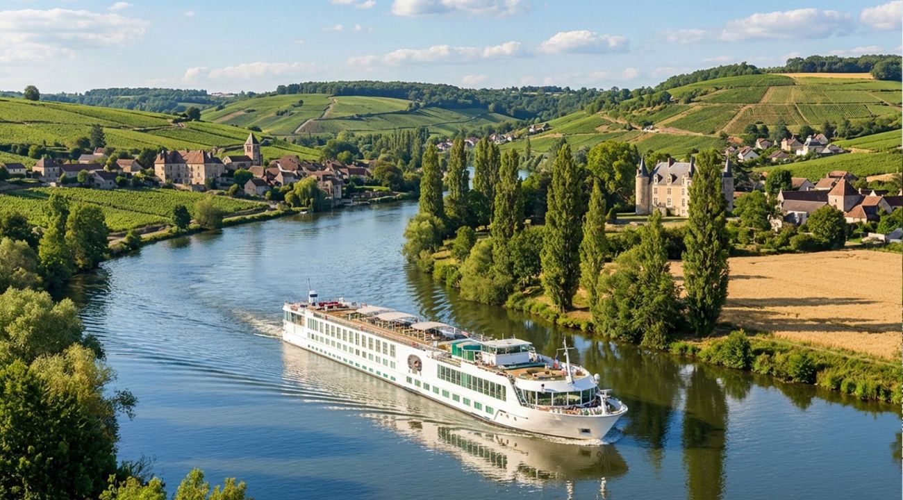 River cruise ship sailing along a scenic European river passing historic towns and countryside landscapes