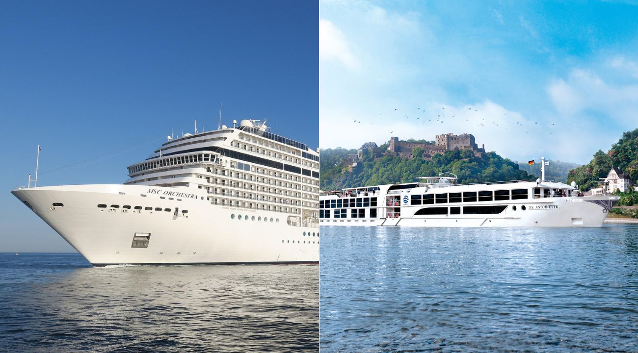 Comparison between a small river cruise ship and a large ocean cruise ship showing different travel styles
