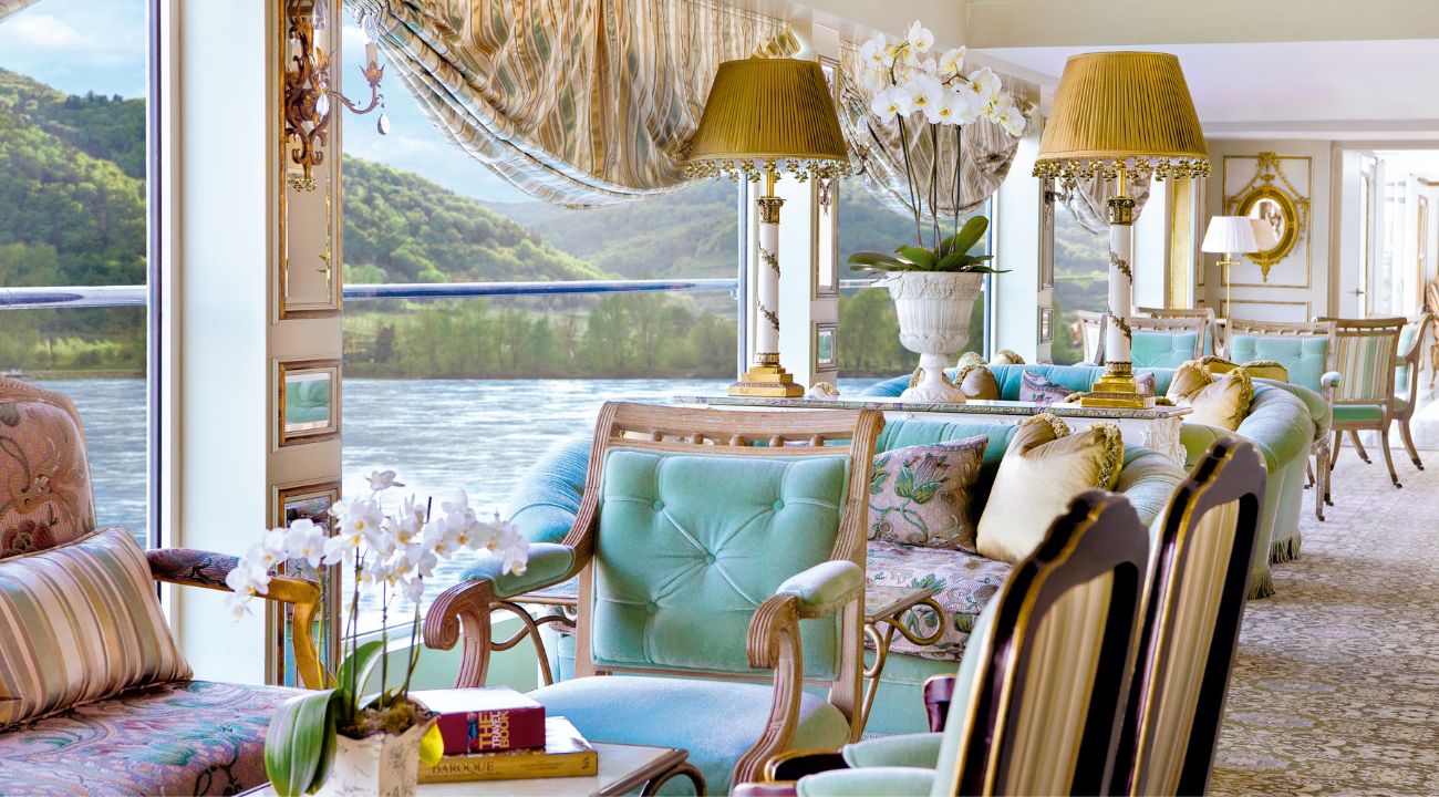 Interior lounge on a river cruise ship showing a calm and intimate onboard atmosphere