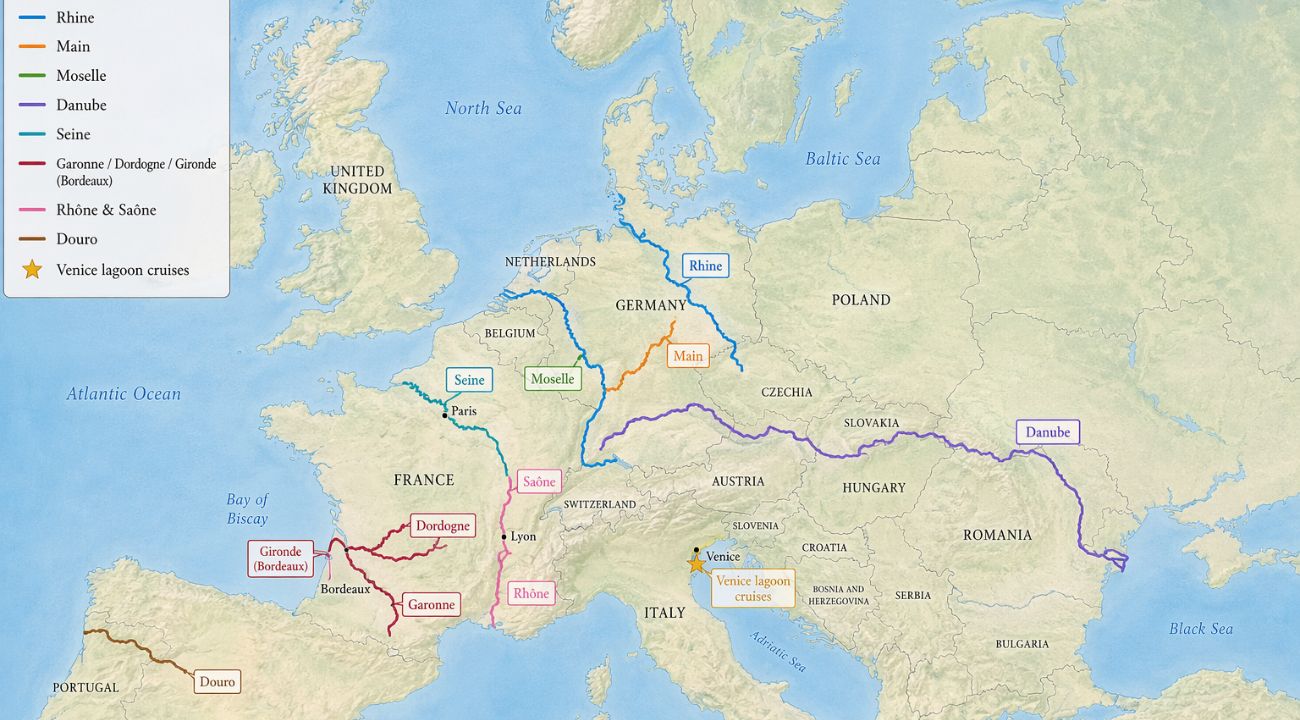 Map of Europe showing major river cruise routes including the Rhine, Danube, Seine, Douro, Rhône and other key rivers