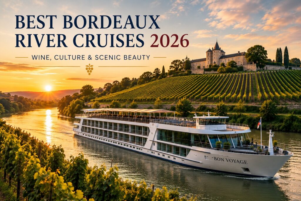 Best Bordeaux river cruise 2026 with luxury ship sailing past vineyards at sunset