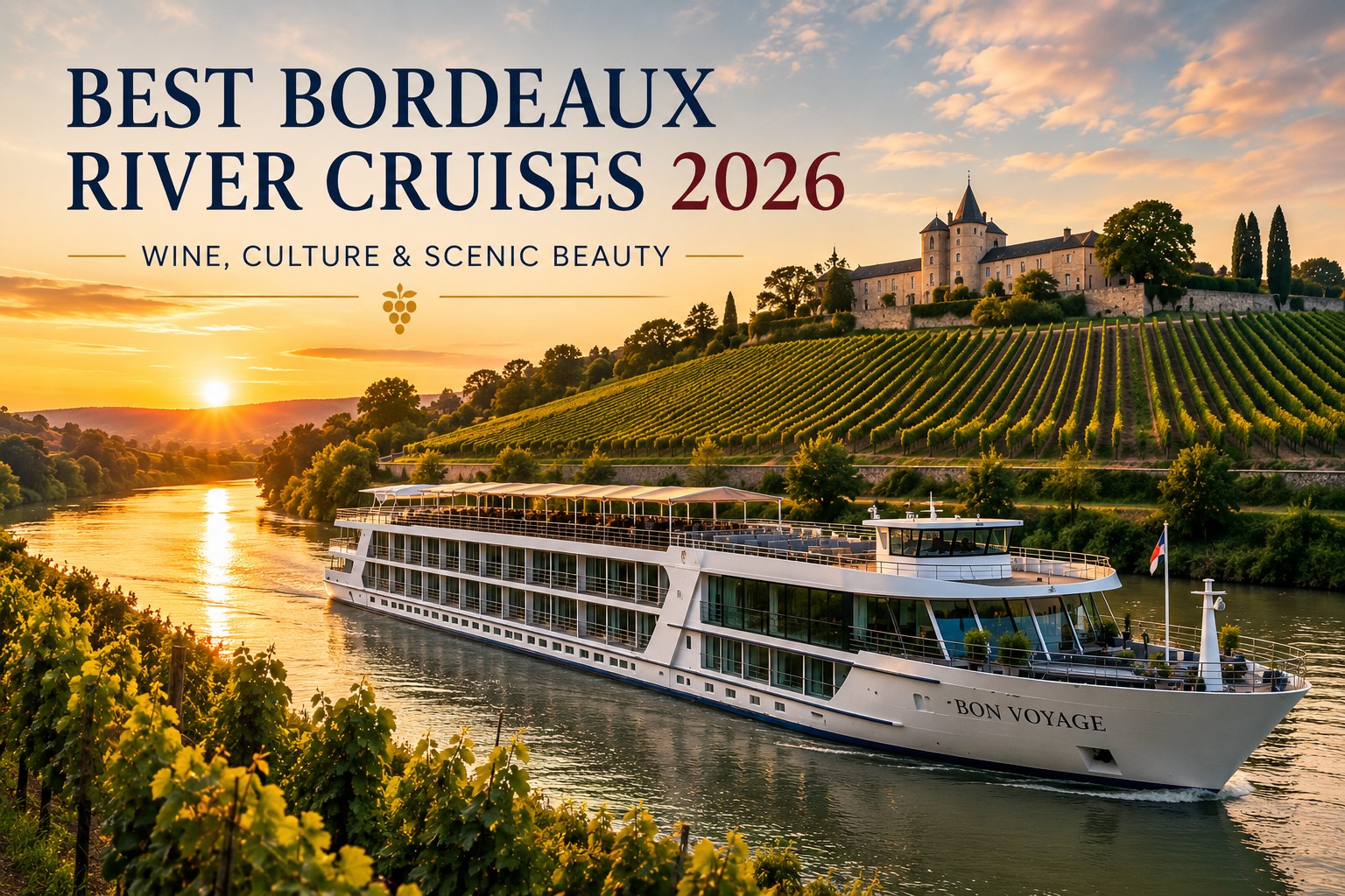Best Bordeaux river cruise 2026 with luxury ship sailing past vineyards at sunset