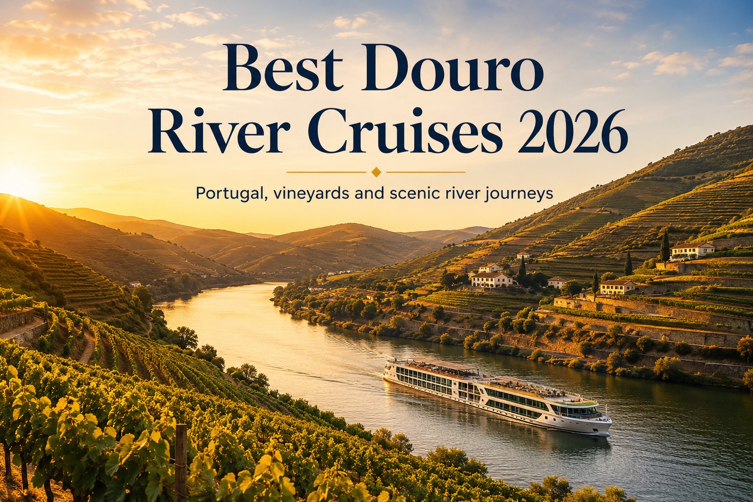 Douro Valley river cruise with vineyard terraces at sunset in Portugal