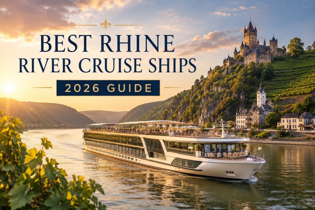 Luxury Rhine river cruise ship sailing through the Rhine Gorge past castles and vineyards at sunset