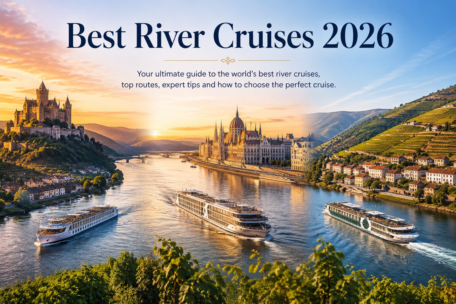 Best river cruises 2026 panoramic scene featuring Rhine castle, Danube Budapest Parliament and Douro Valley vineyards with luxury river cruise ships at sunset