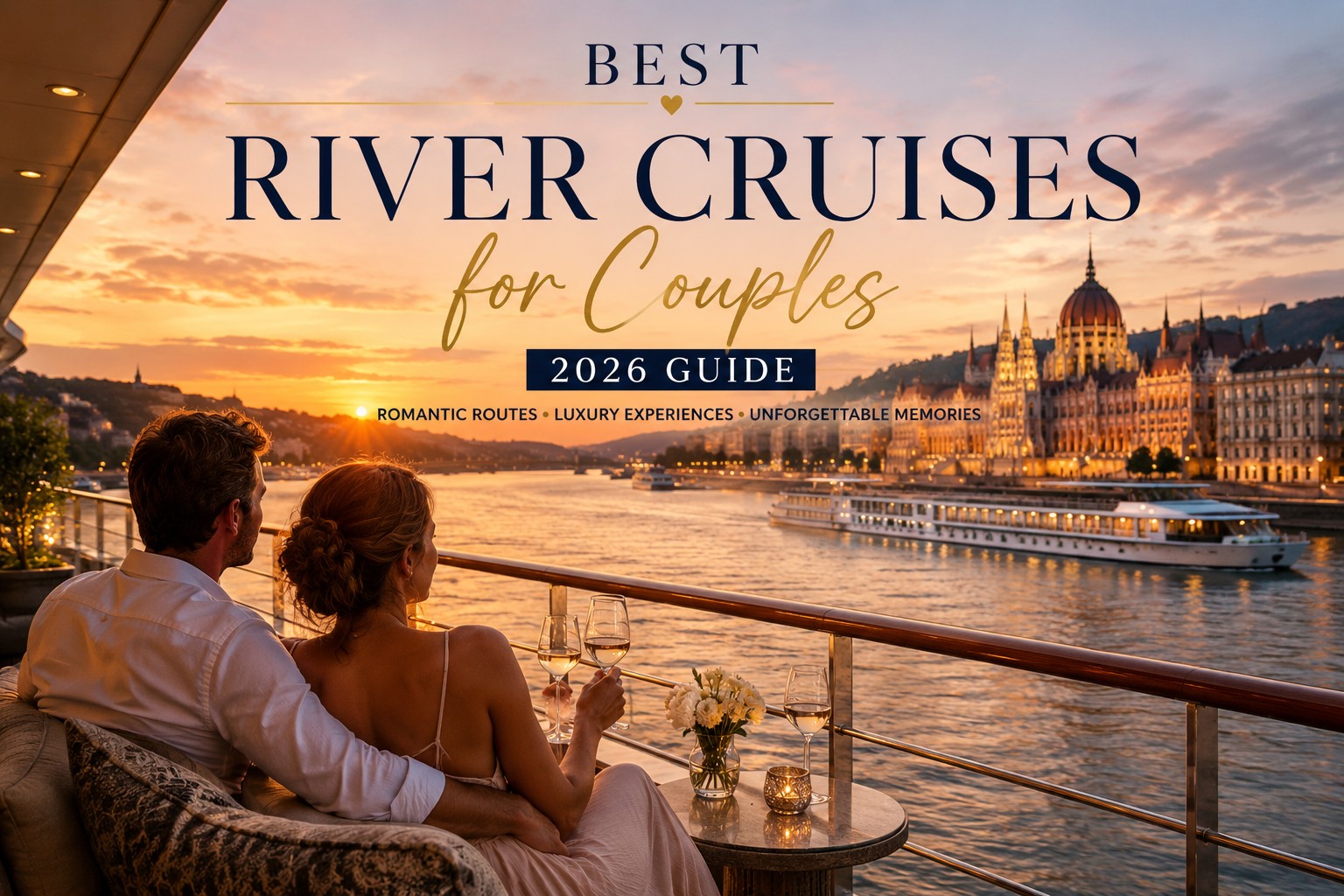 Romantic couple enjoying sunset on a luxury river cruise balcony overlooking a European city with riverboat and glowing skyline