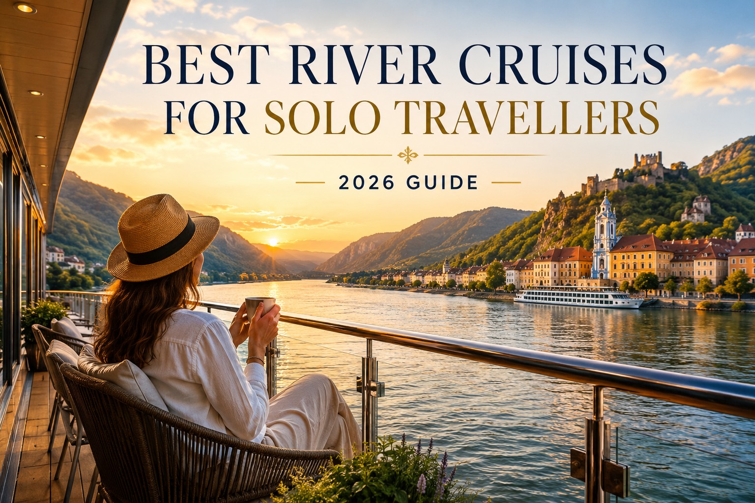 Solo traveller relaxing on a river cruise deck at sunset overlooking a scenic European river town with castle views