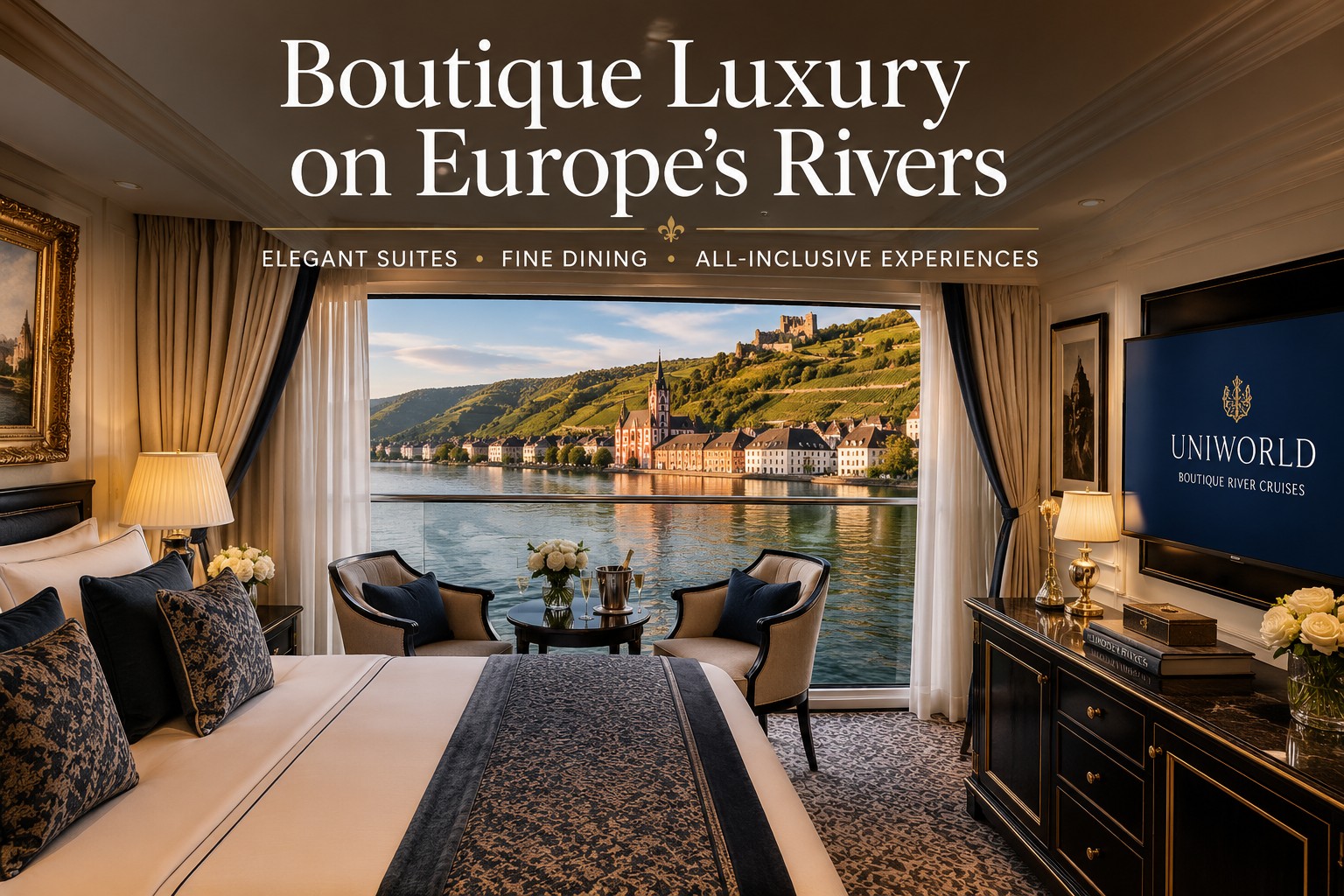 Luxury river cruise suite interior onboard a premium European river cruise ship featuring elegant boutique-style décor, king-size bed, warm ambient lighting, panoramic river views and refined furnishings designed to represent all-inclusive luxury river cruising experiences in Europe.