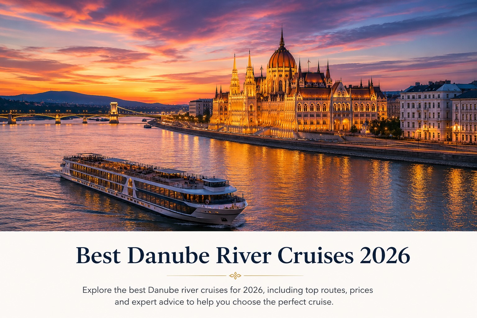 Danube river cruise ship passing Budapest Parliament at sunset