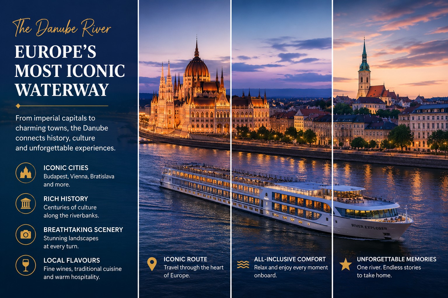 Danube river cruise ship passing city skyline and historic buildings at sunset