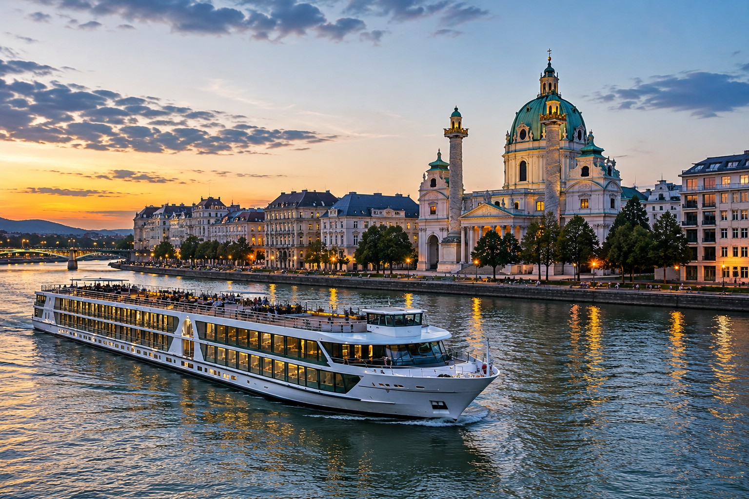 Danube river cruise ship passing Vienna city buildings