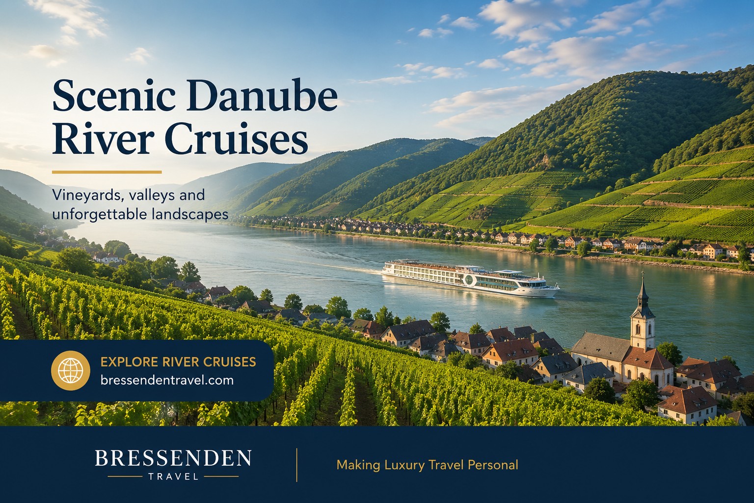 Danube river cruise passing vineyard hills and river valley