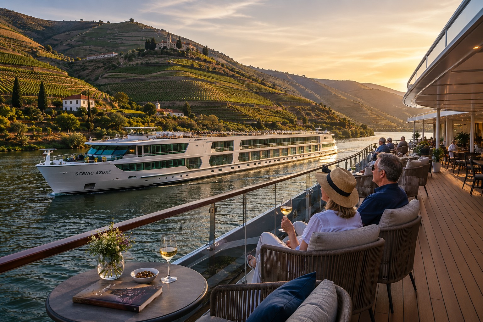Luxury river cruise ship deck experience on the Douro River with vineyard views at sunset