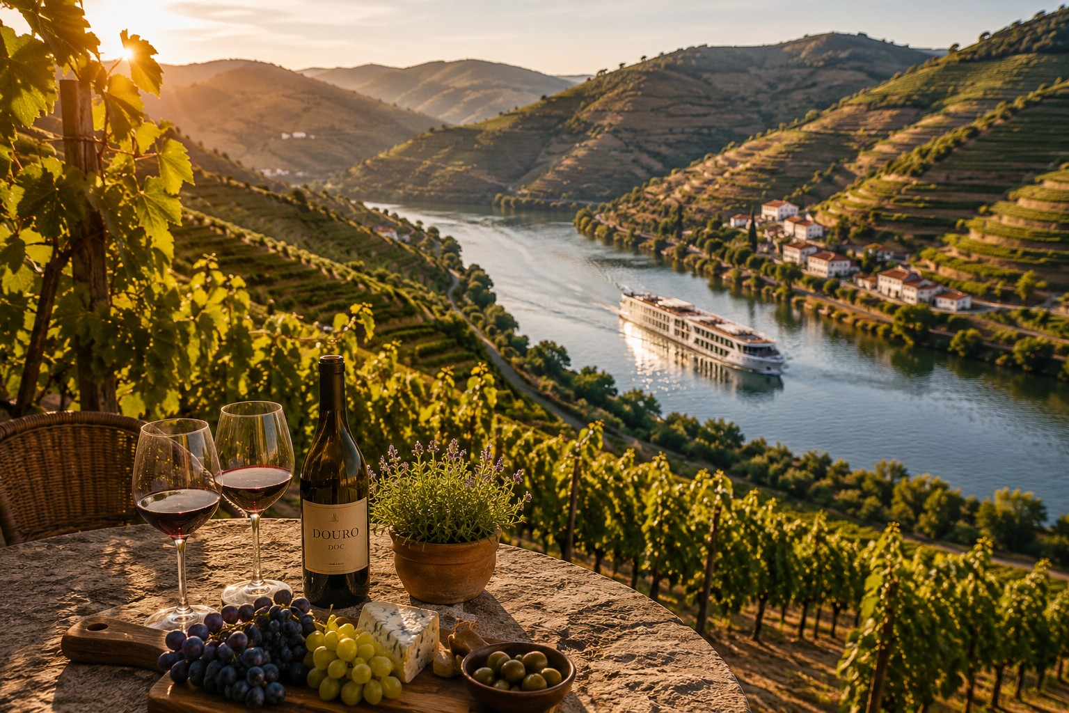 Douro Valley vineyard wine tasting with river cruise and terraces at sunset