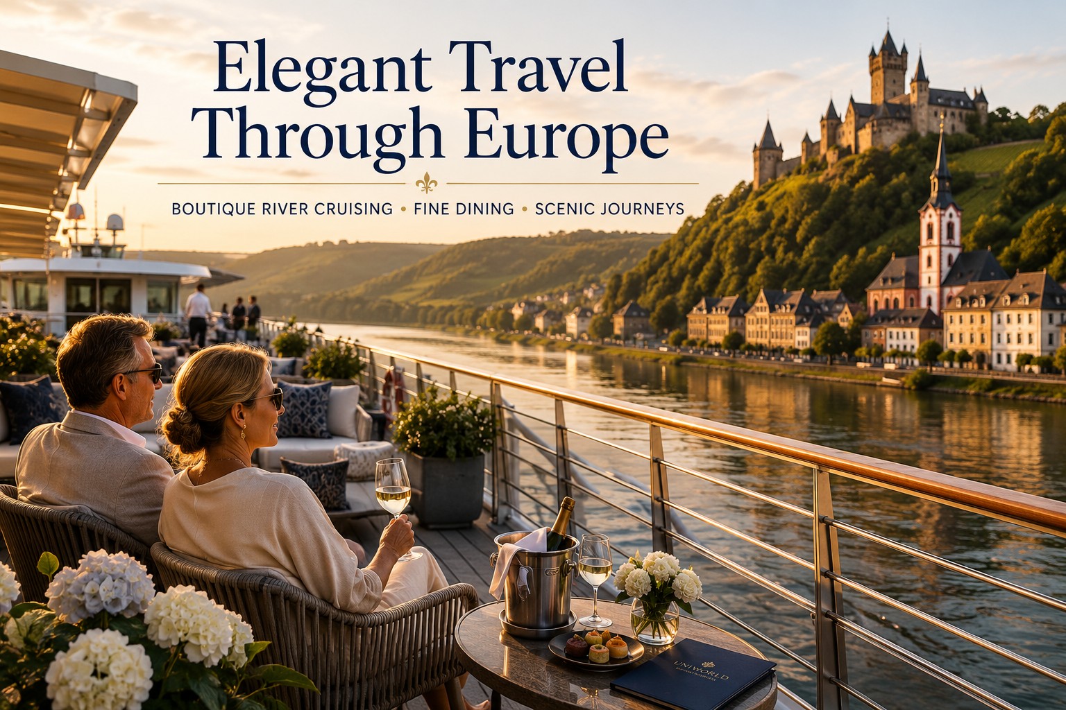Luxury river cruise sun deck scene in Europe featuring an elegant couple enjoying wine at sunset while sailing past Rhine Valley castles, vineyards and historic riverside towns aboard a premium boutique-style river cruise ship.