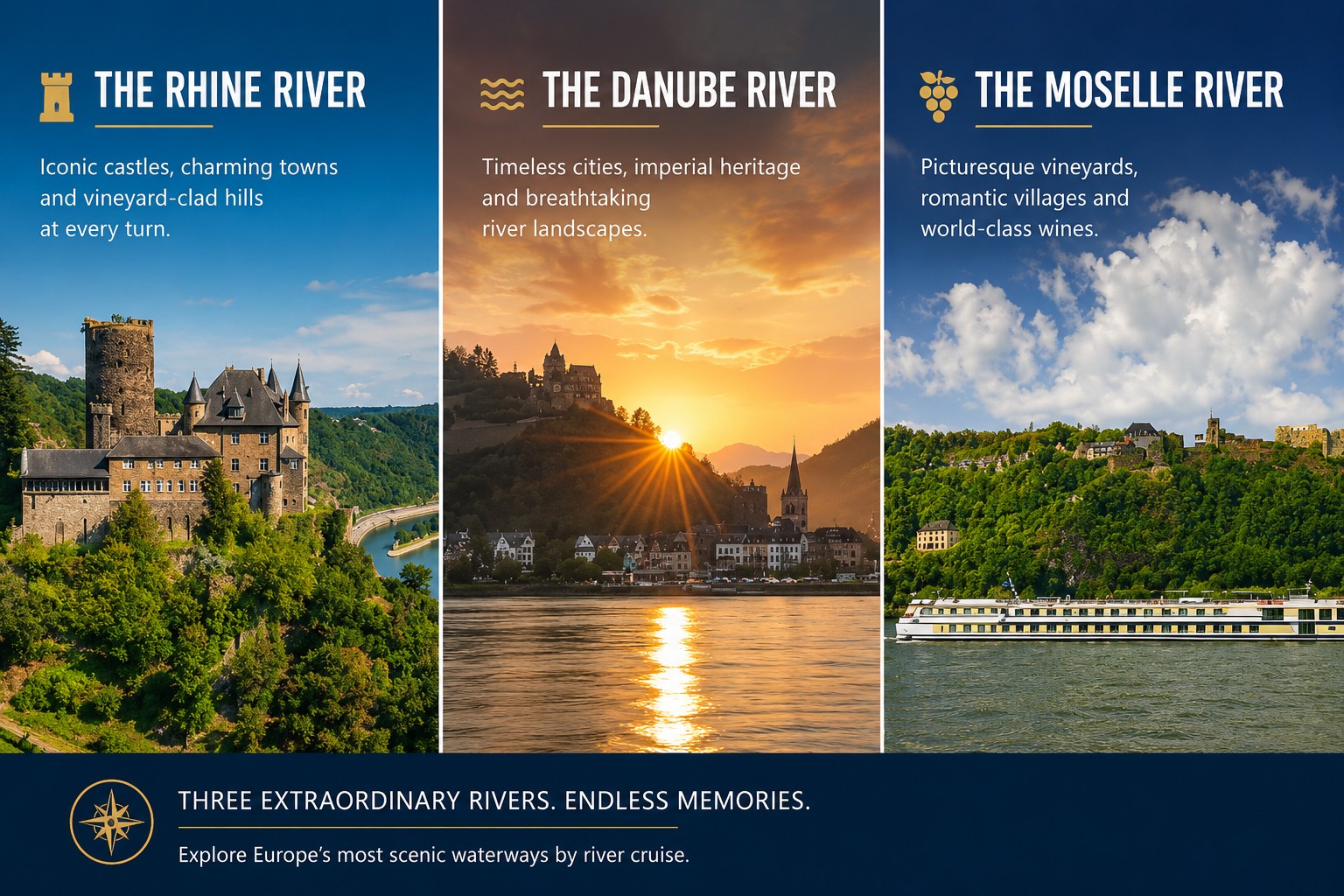 Three European river cruise scenes showing Rhine castle, Danube sunset town and scenic cruise ship landscape