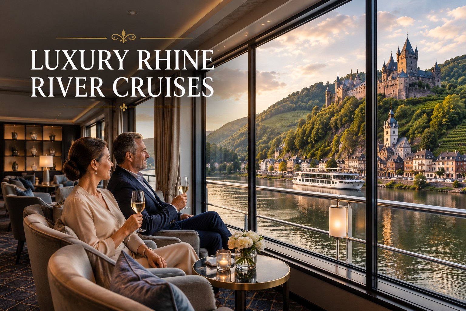 Luxury Rhine river cruise lounge with panoramic windows overlooking castles and vineyards at sunset