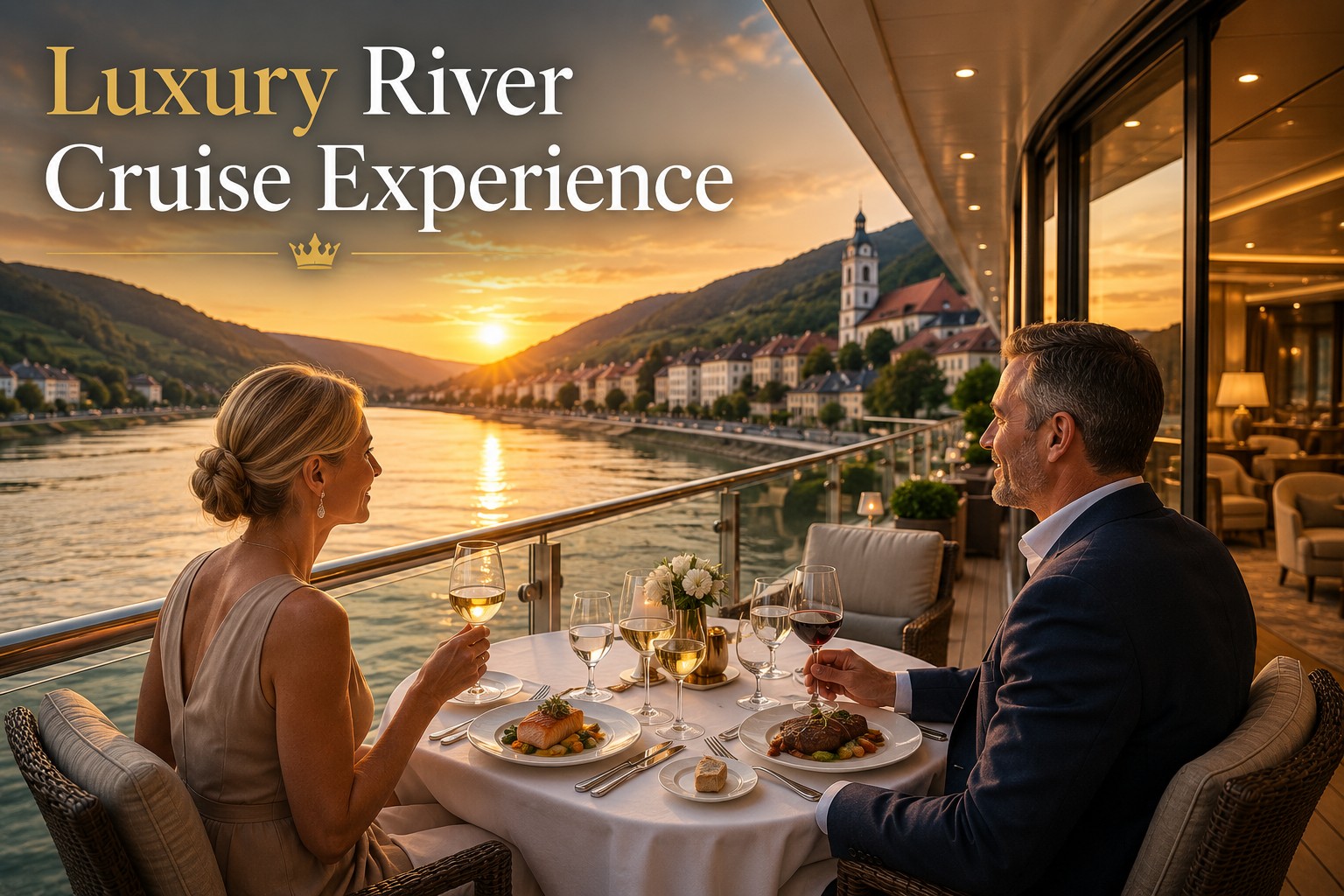 Luxury river cruise dining experience on a private balcony at sunset with couple enjoying fine dining and scenic river views