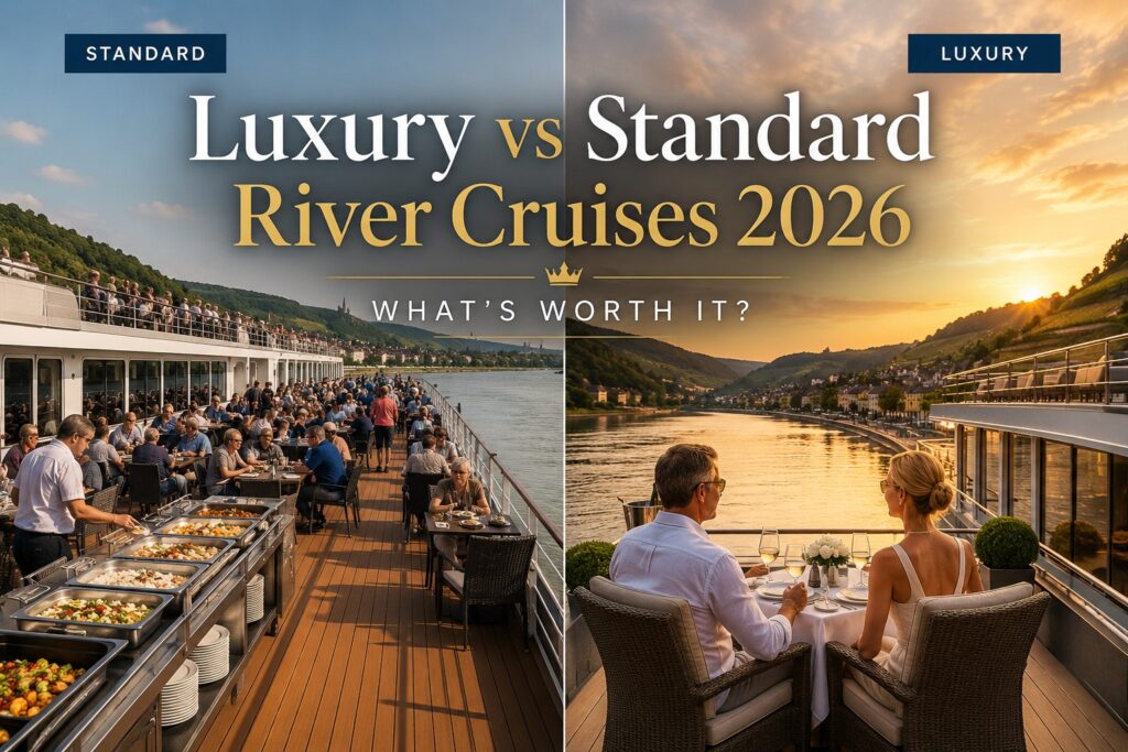 Luxury vs standard river cruises comparison showing busy standard cruise deck and elegant luxury dining experience at sunset