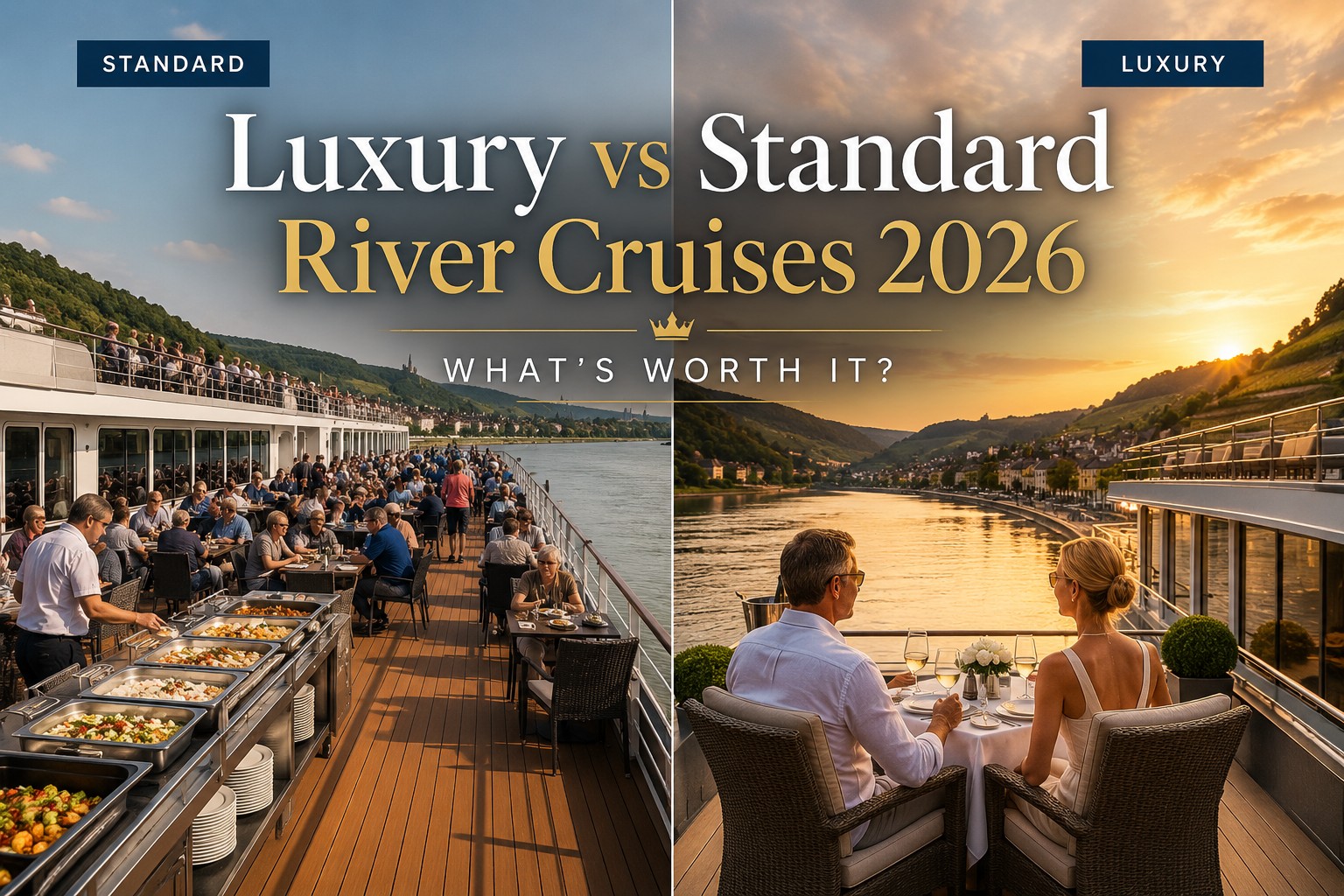 Luxury vs standard river cruises comparison showing busy standard cruise deck and elegant luxury dining experience at sunset