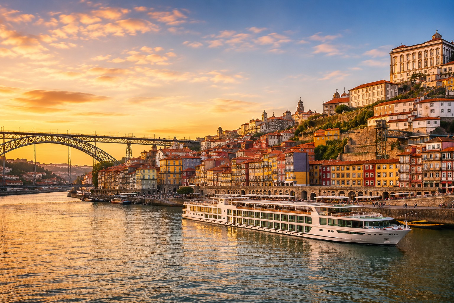 Porto skyline and Douro River with river cruise ship at sunset in Portugal