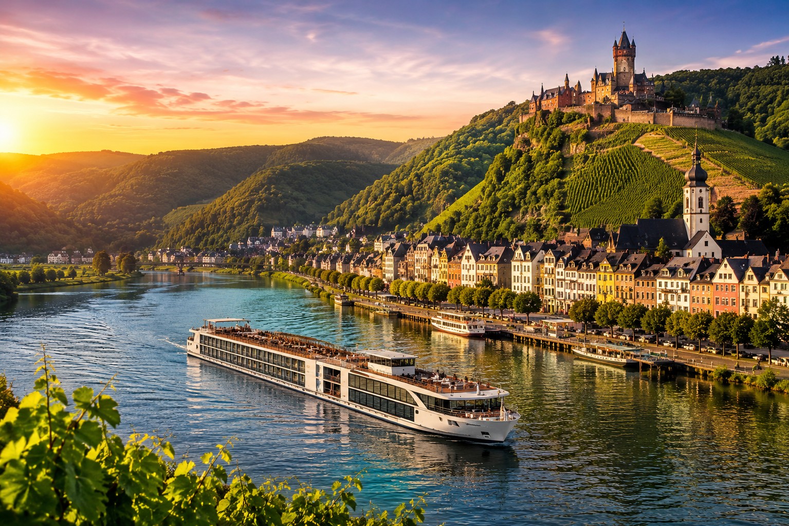 Scenic Rhine river cruise passing vineyards and castles in Europe with wide river landscape and traditional villages