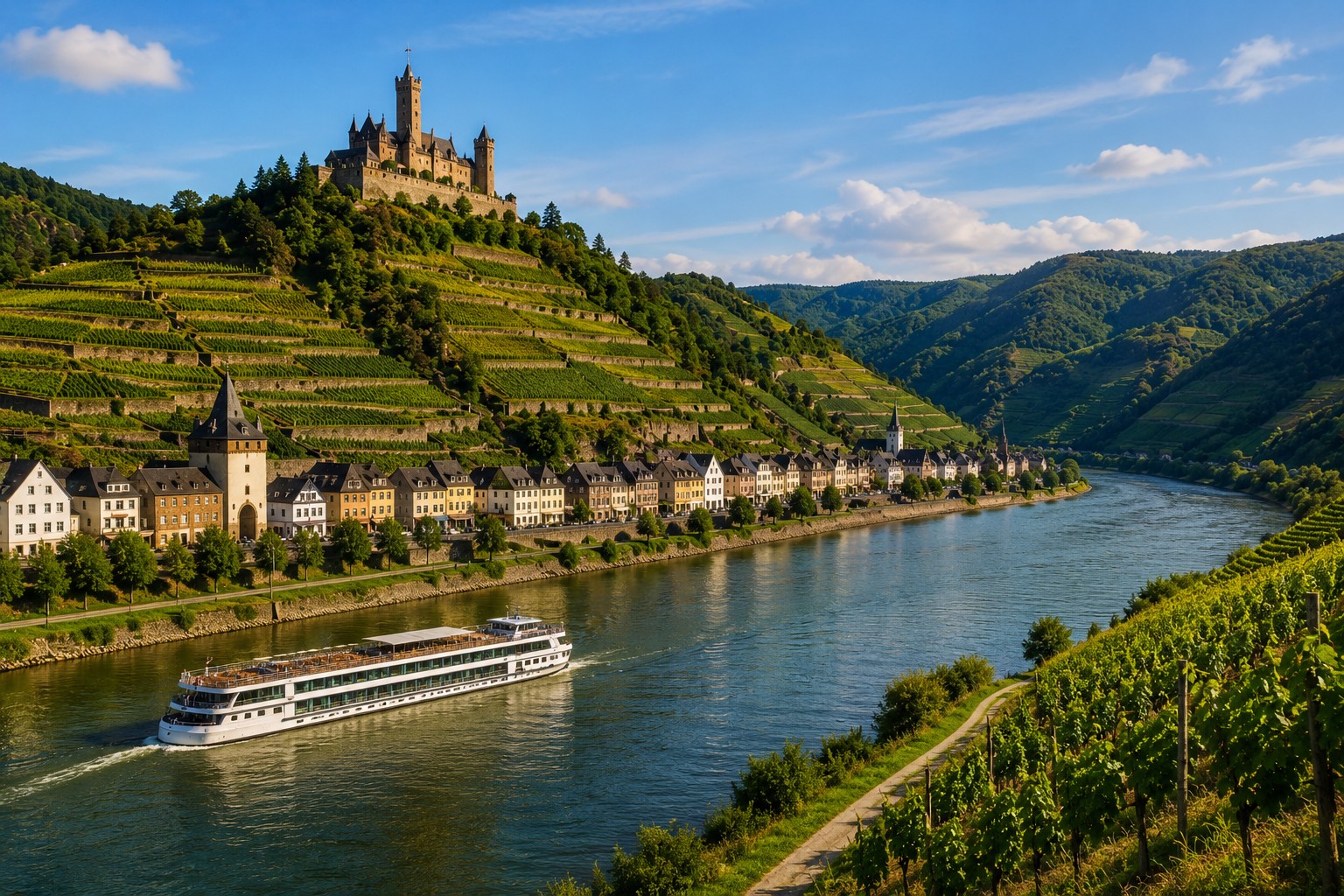 Rhine river cruise sailing through vineyard terraces with hilltop castle and riverside village in scenic valley