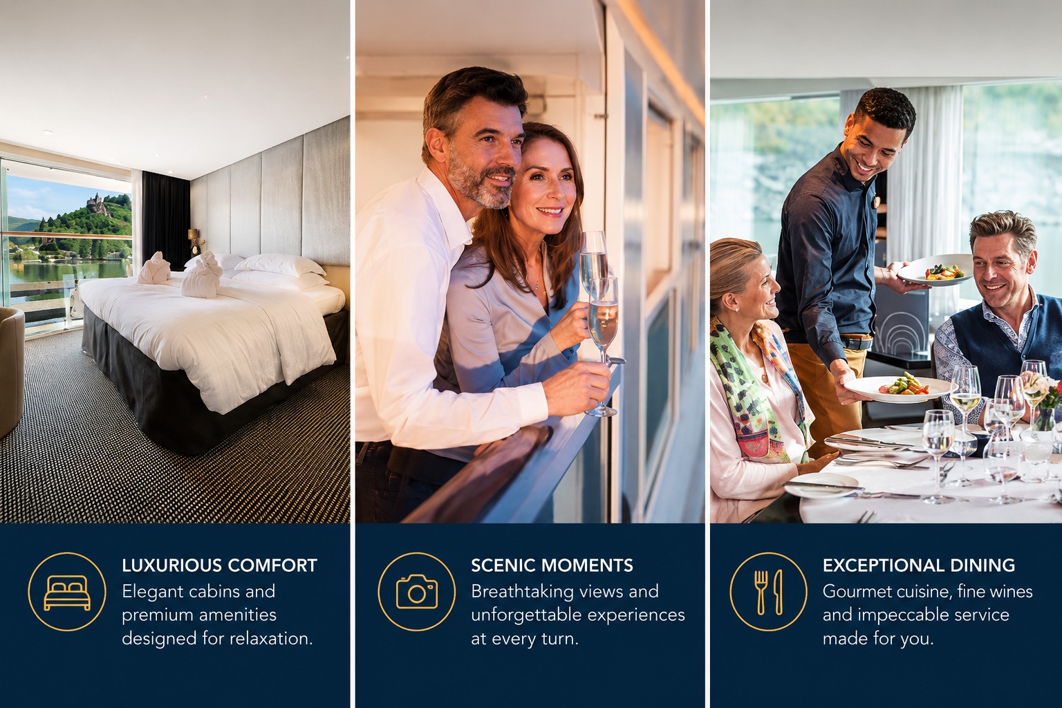 Luxury river cruise experience showing cabin, scenic moments and onboard dining