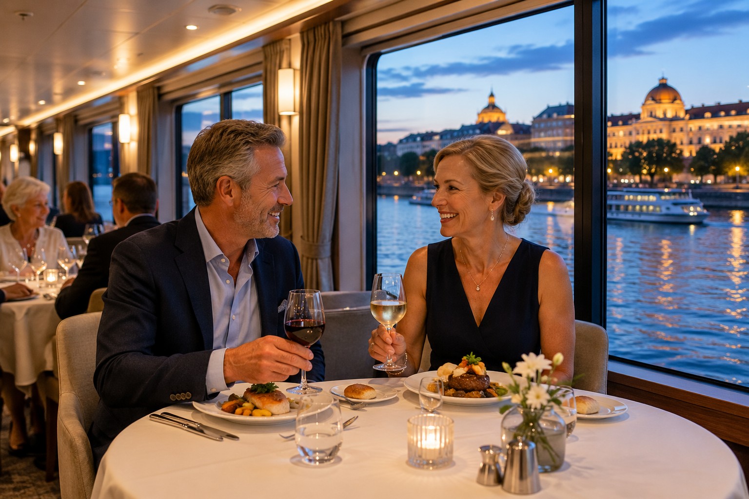 Couple dining inside river cruise restaurant