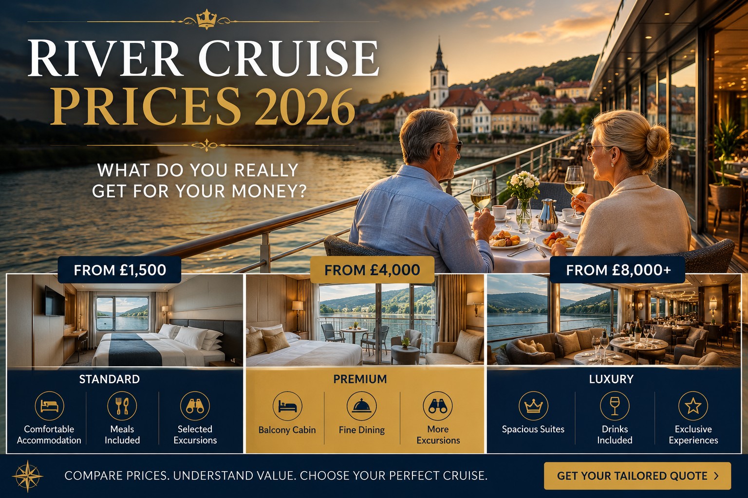 River cruise prices 2026 comparison showing standard, premium and luxury cabin experiences with pricing tiers and onboard dining at sunset