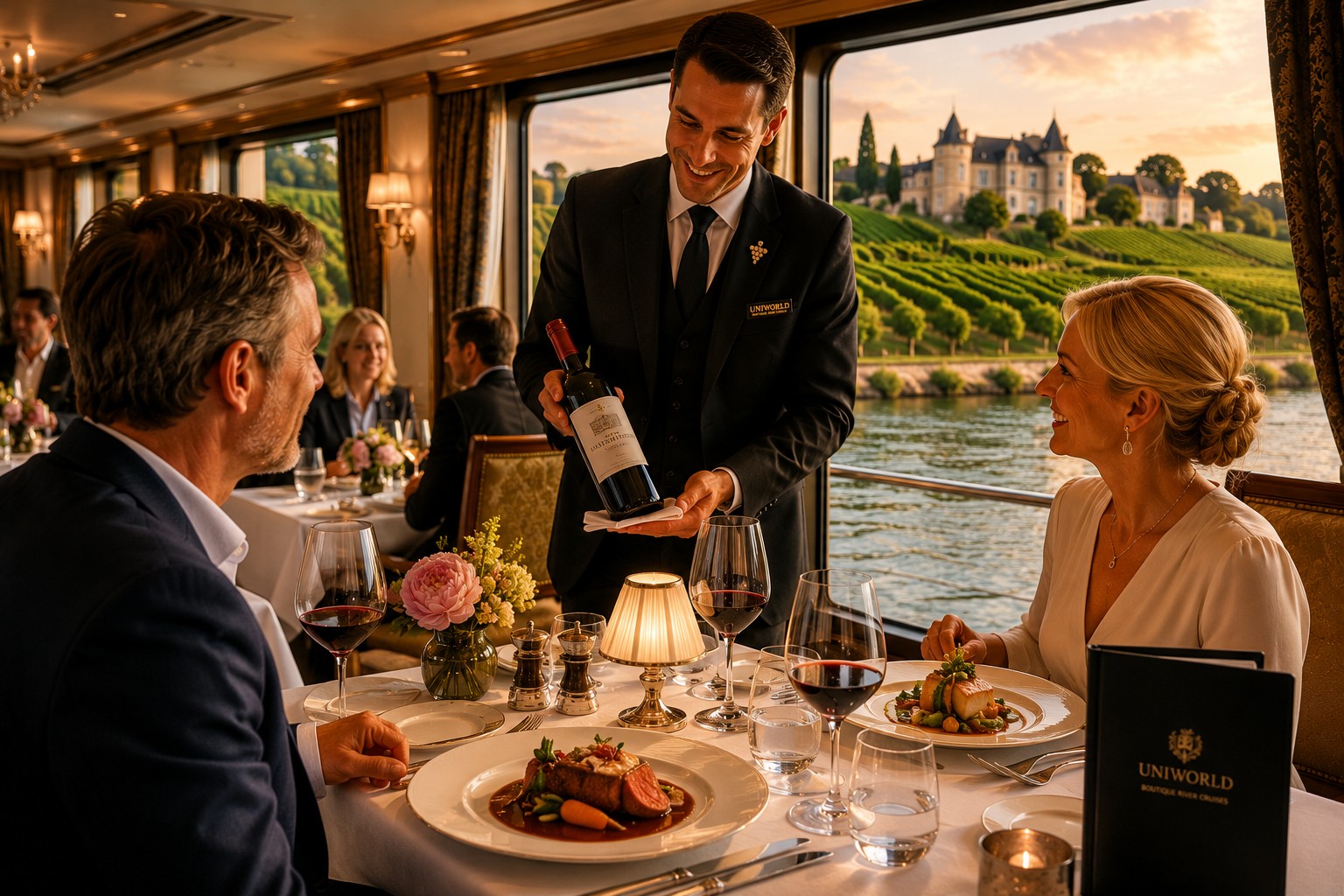Fine dining experience aboard S.S. Bon Voyage with Bordeaux wine pairing and gourmet French cuisine
